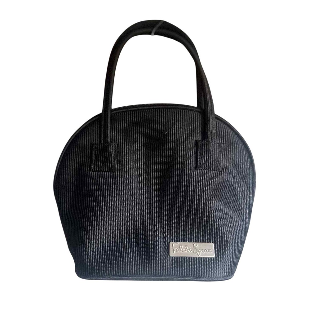 Falchi Sport Black Ribbed Dome Handbag Silver Logo Plaque Zip Top Satchel